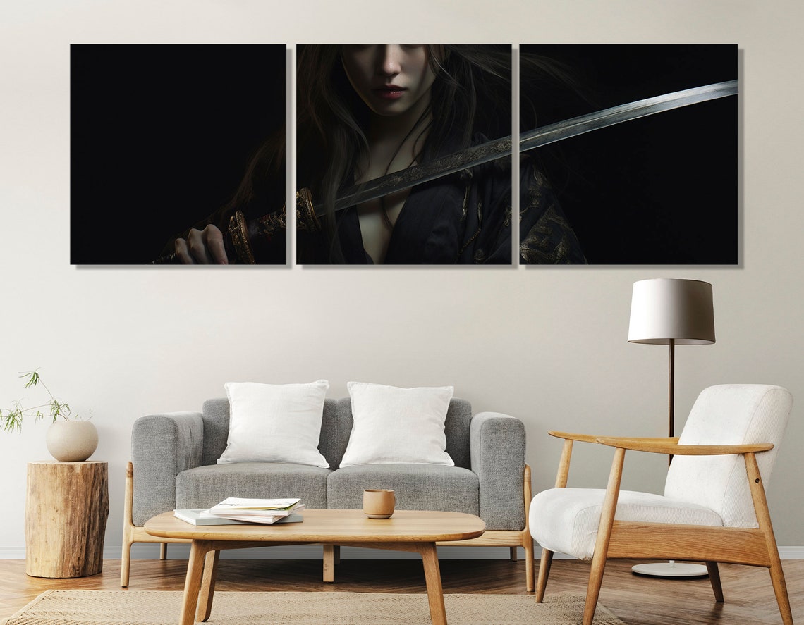 Samurai Woman Katana Dark Moody Japanese Warrior Portrait Wall Art - Image 4