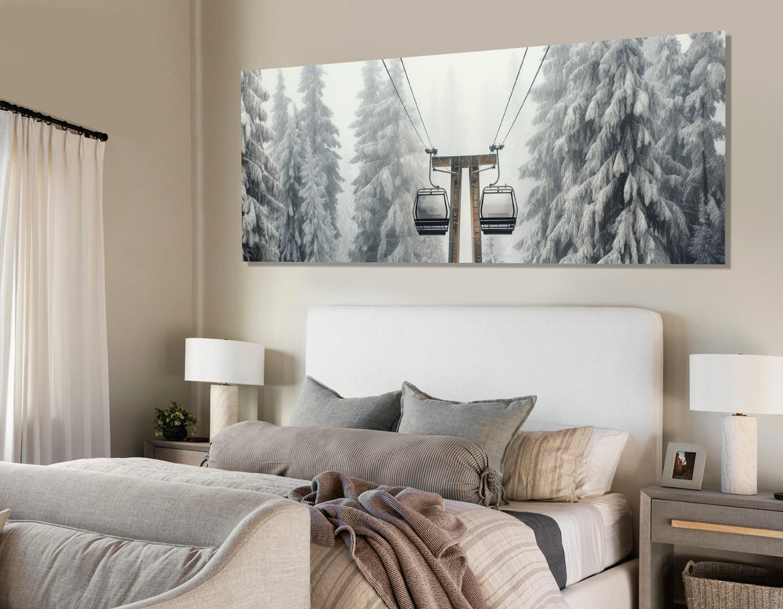 Snowy Winter Forest Cable Car Gondolas 3 Panel Mountain Scene Poster - Image 2