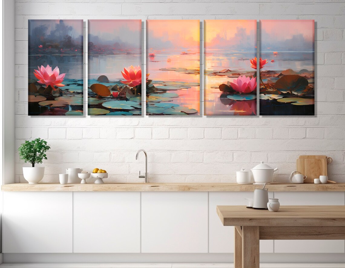 Water Lilies Sunrise Pink Lotus Flowers Misty Lake Painting Wall Art - Image 2
