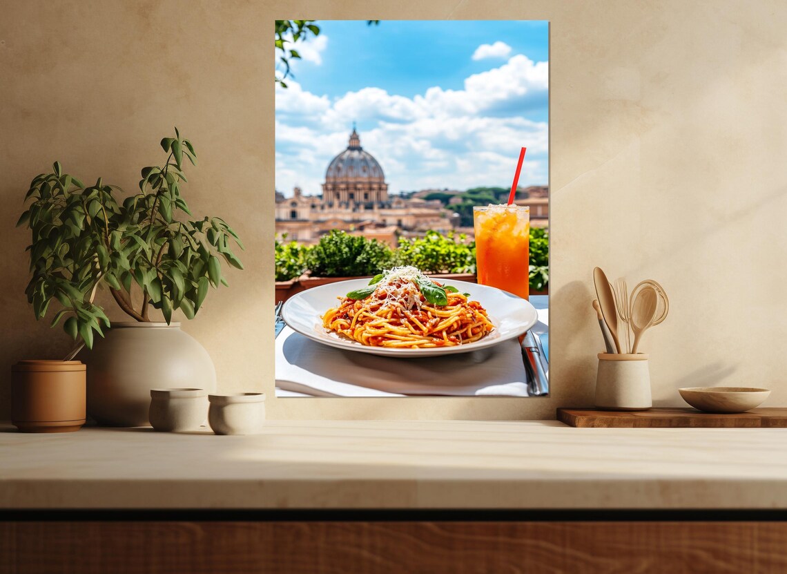 Pasta In Rome Painting Print Scenic Italian Wall Art Pasta Poster Italian Food Wall Art Rome Painting Framed Ready To Hang - Image 4