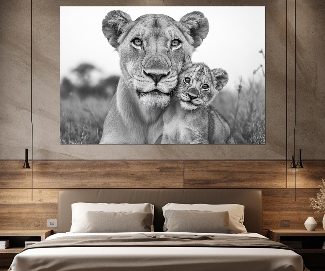 Lioness And Baby Lion Black And White Tender Wildlife Portrait Poster - Image 4