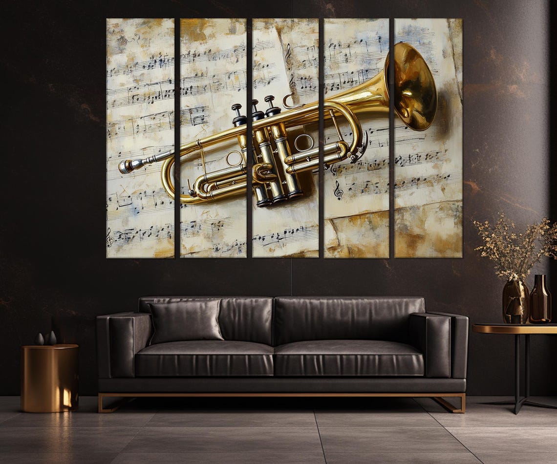 Brass Trumpet On Vintage Sheet Music Triptych Jazz Wall Poster - Image 2