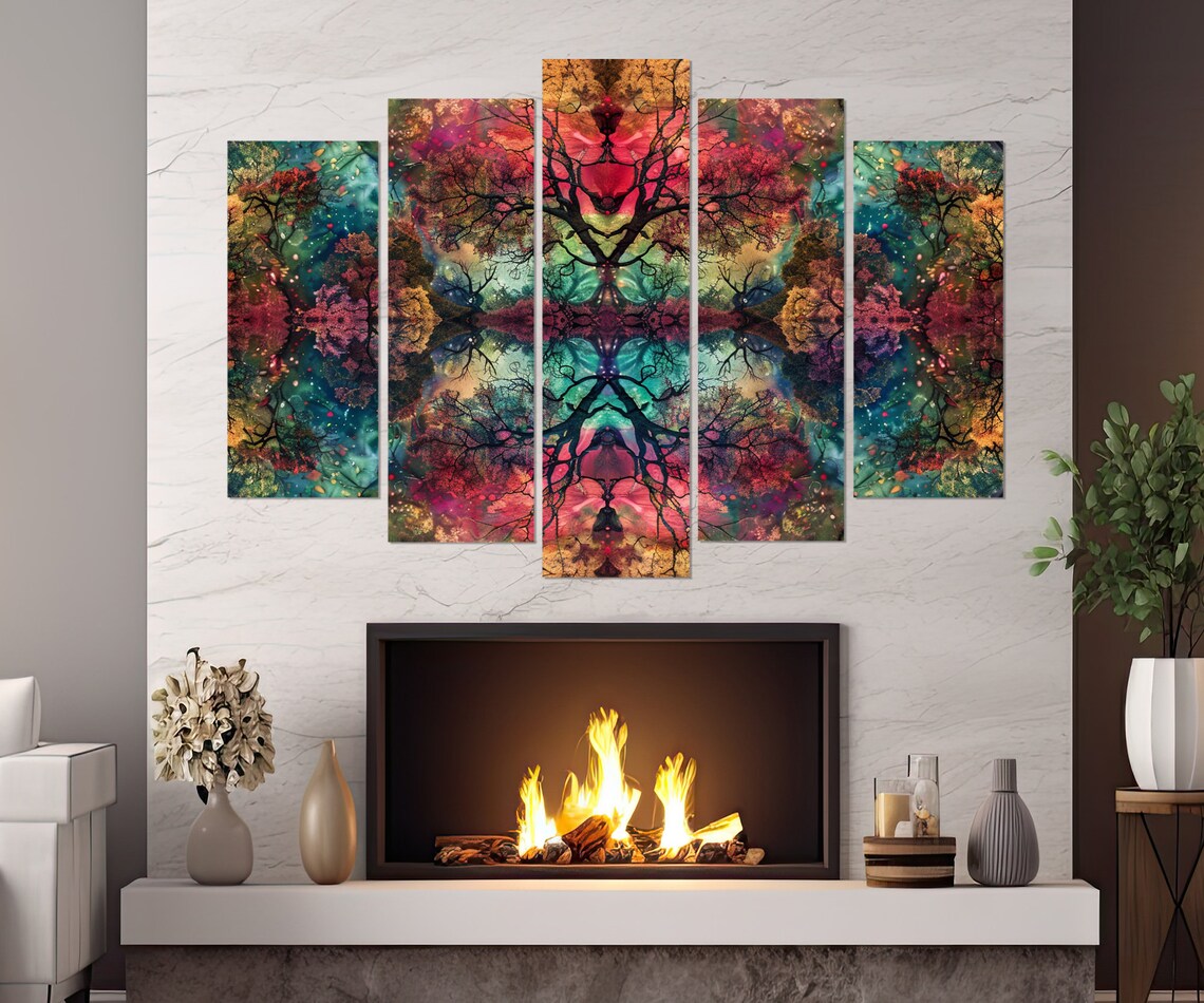 Abstract Trees Kaleidoscopic Print Surreal Nature Art Colorful Tree Branches Painting Framed And Ready To Hang - Image 3