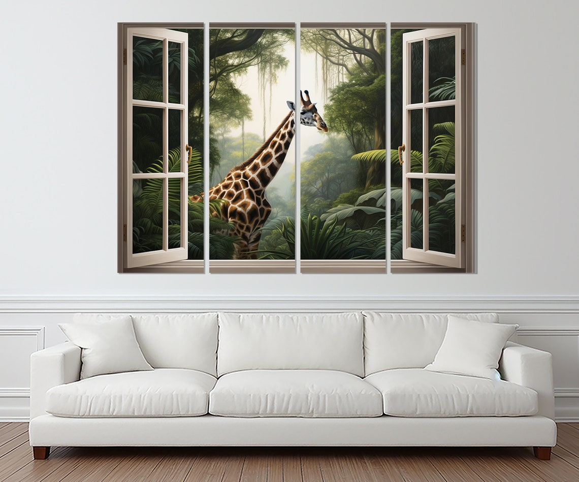 Giraffe Jungle Open Window Lush Green Forest Curious Wildlife Poster - Image 2
