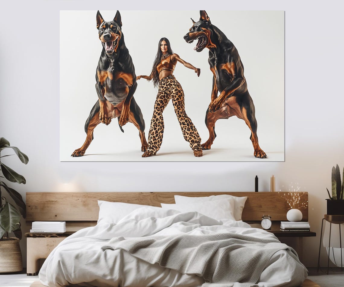 Woman With Two Giant Doberman Dogs Bold Studio Portrait Wall Art Print - Image 2