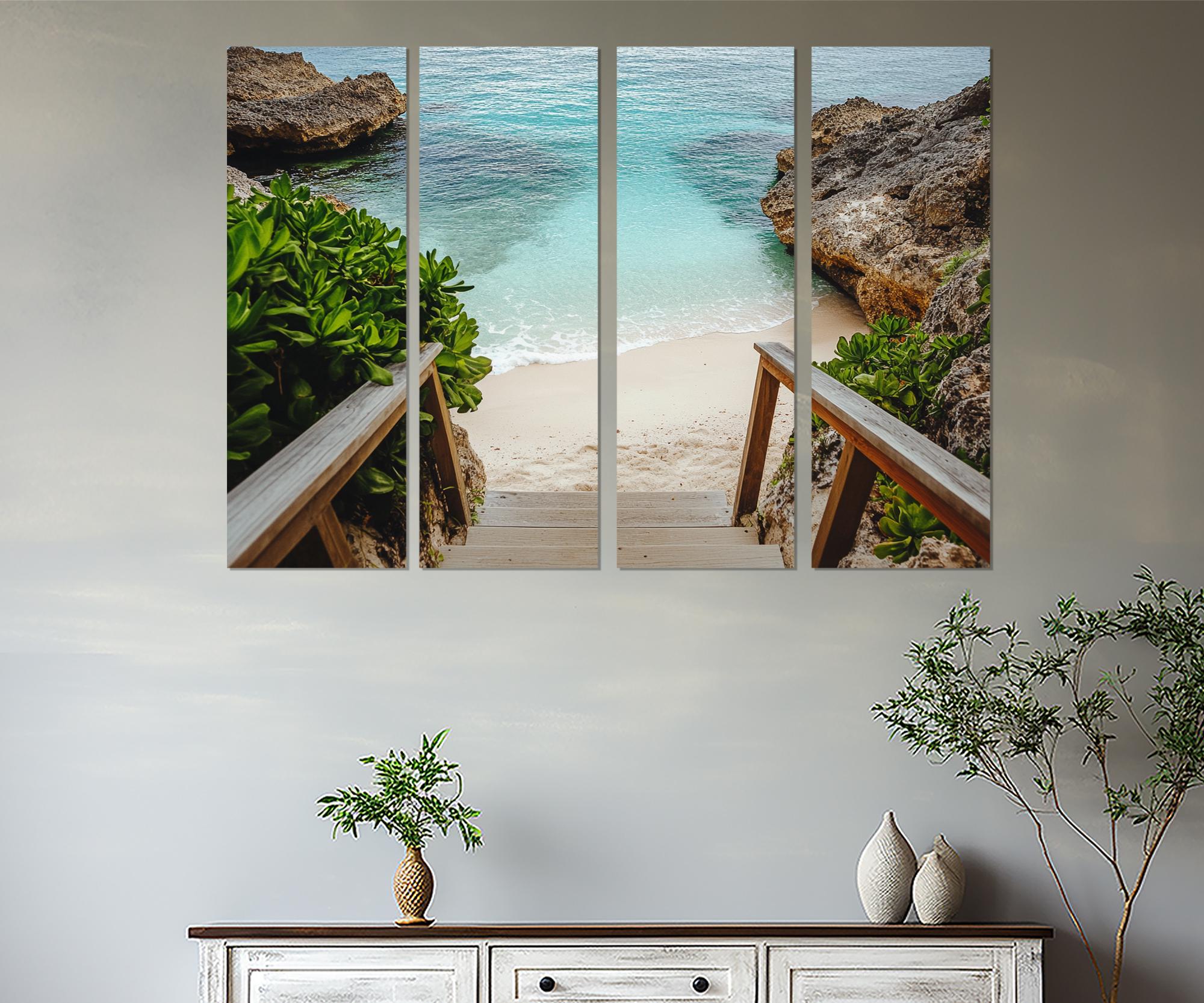 Hidden Tropical Beach Cove Stairway Rocky Shore Turquoise Sea Poster - Image 3