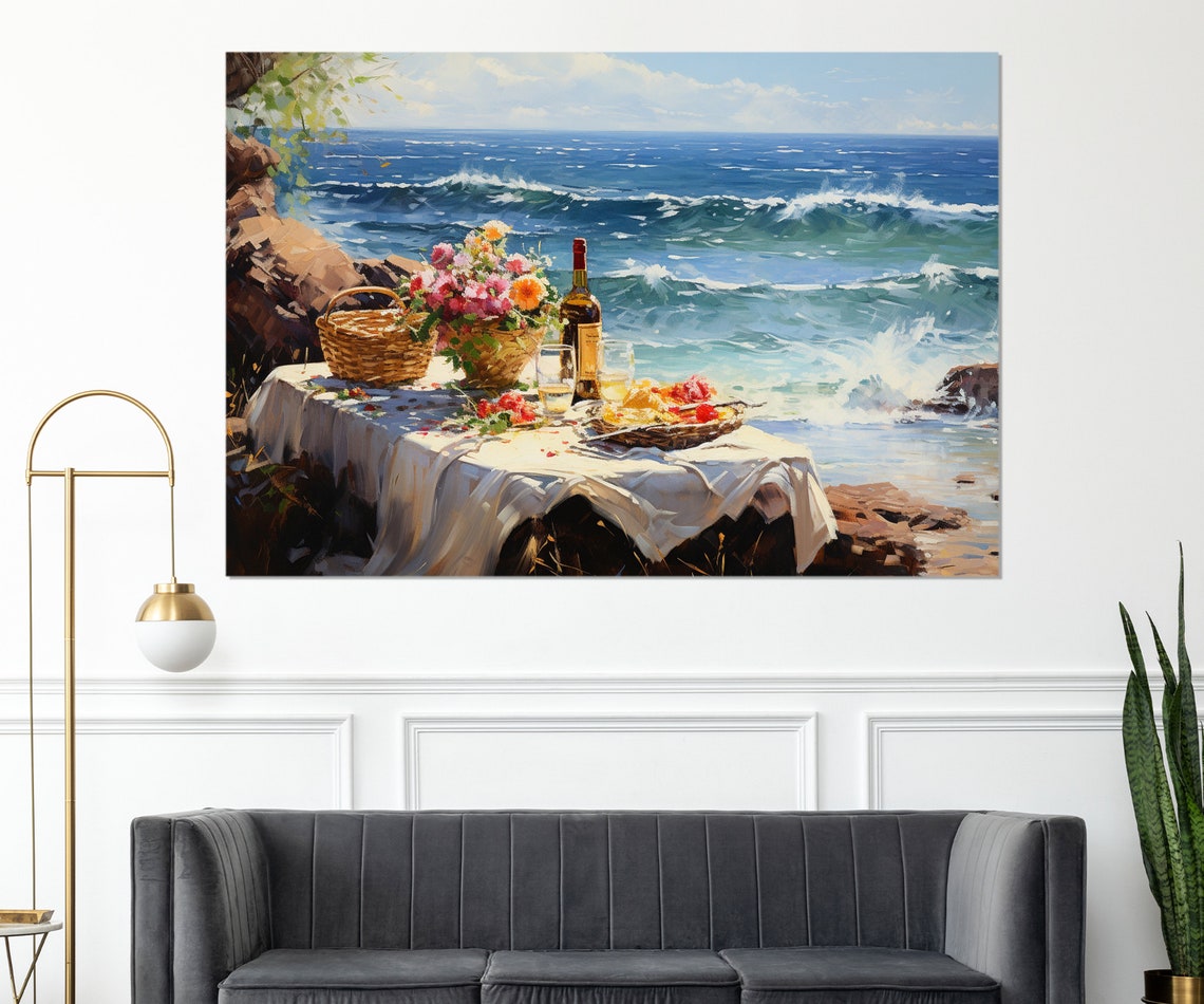 Impressionist Seaside Picnic Wine Flowers Ocean Waves Painting Poster
