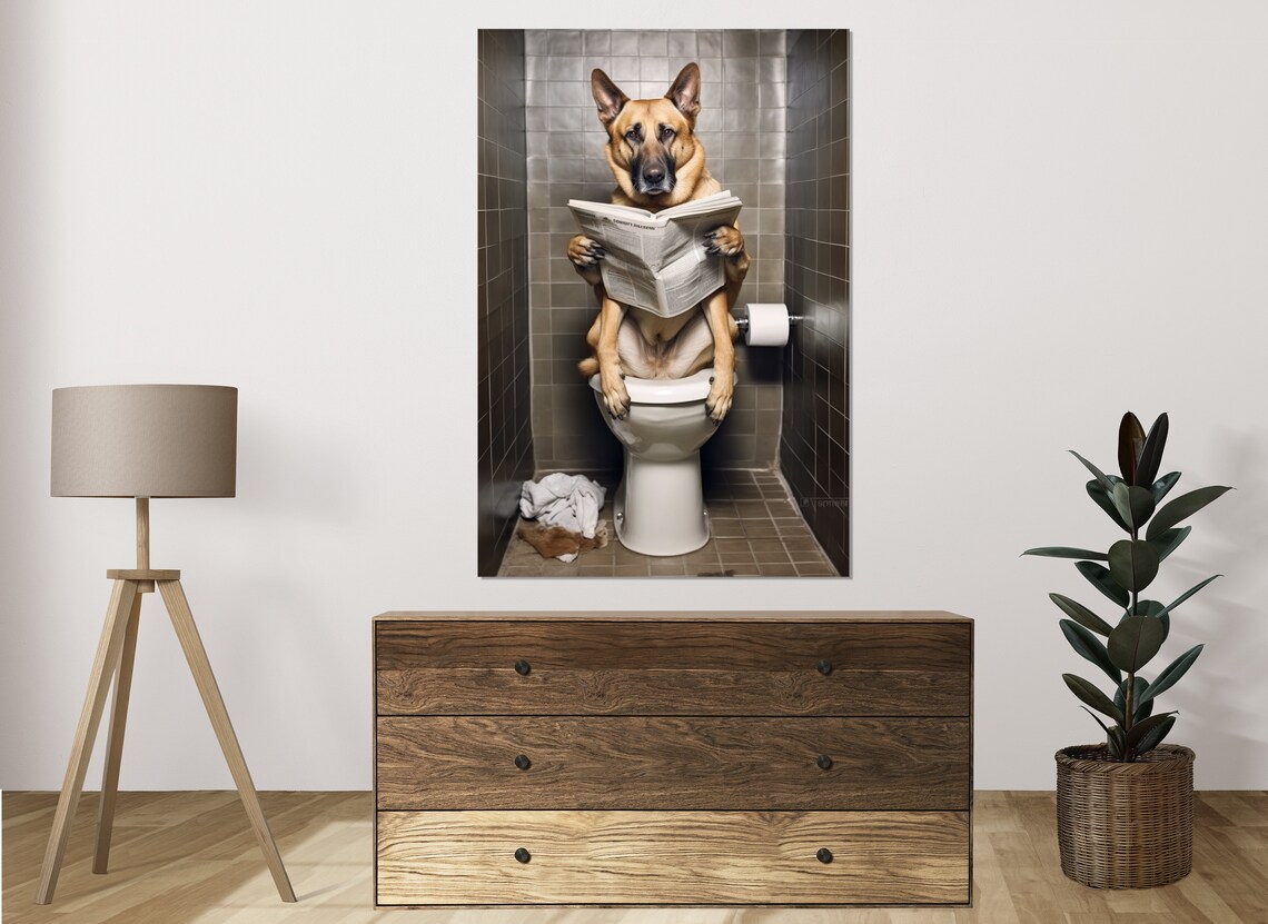 German Shepherd Dog On Toilet Reading Newspaper Funny Bathroom Wall Poster - Image 3
