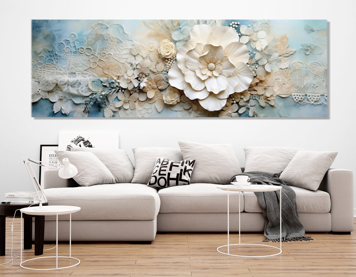 White 3D Blossoms Lace Powder Blue Floral Panoramic Bedroom Wall Art - Image 2