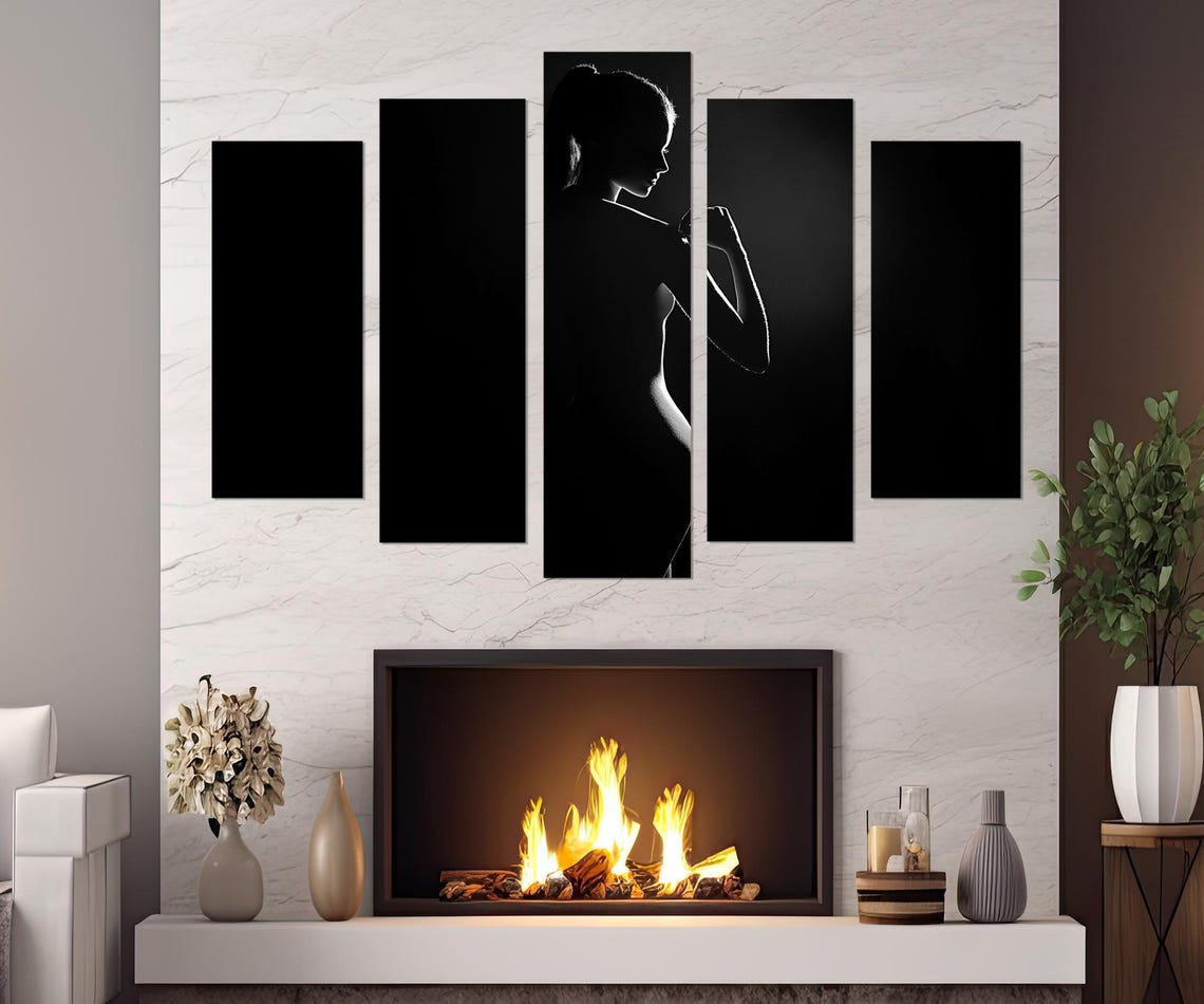 Woman Profile Silhouette Black White Triptych Elegant Fine Art Poster - Image 3