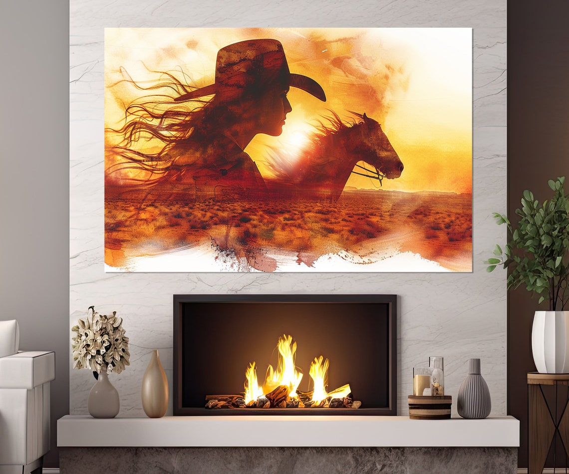 Abstract Wild West Print Cowgirl Silhouette Poster Cowboy Art Cowgirl Bedroom Decor Wild West Painting Framed Ready To Hang