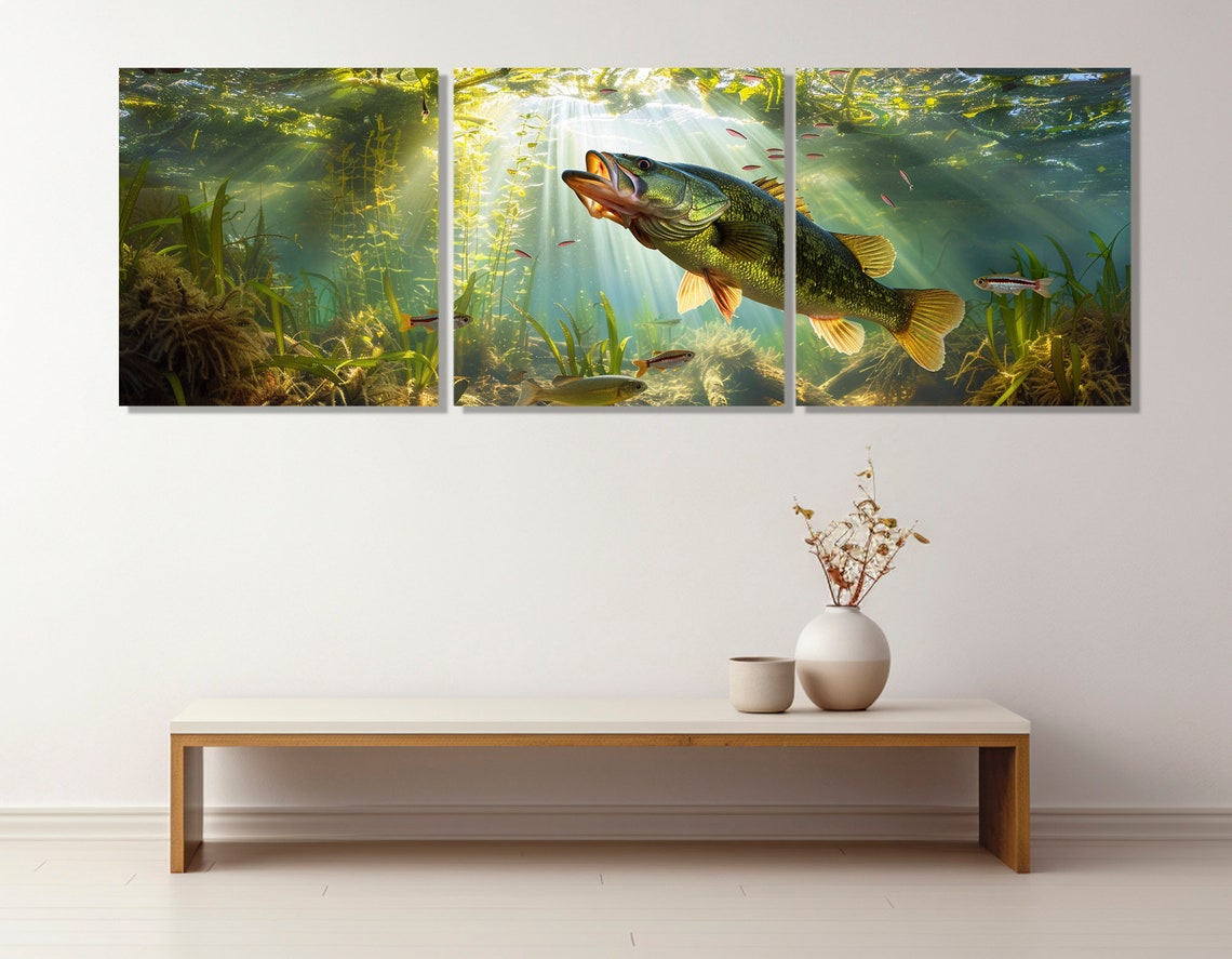 Largemouth Bass Underwater Sunbeams Green Weeds Fishing Wall Art Print - Image 4