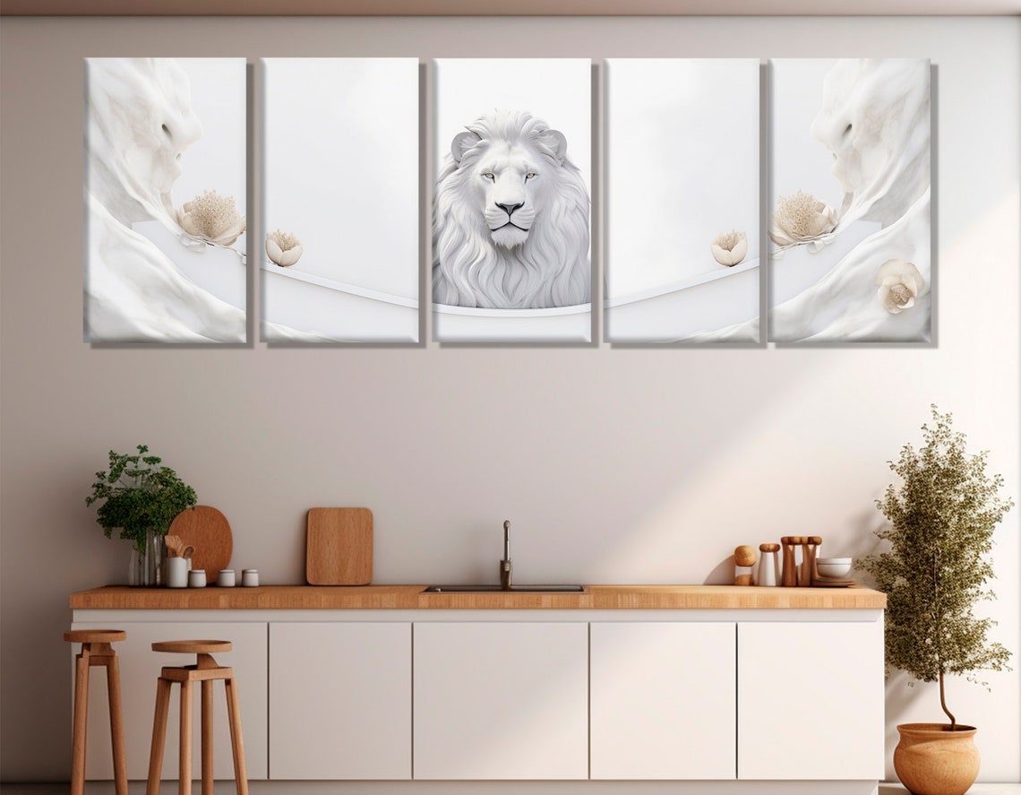White Lion Portrait Three Panel Split Canvas Minimalist Animal Poster - Image 2