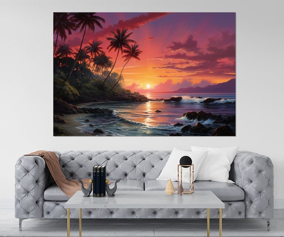 Maui Island Scenic Sunset Painting Print Maui Beach Wall Art Hawaii Colorful Coast Painting Framed And Ready To Hang
