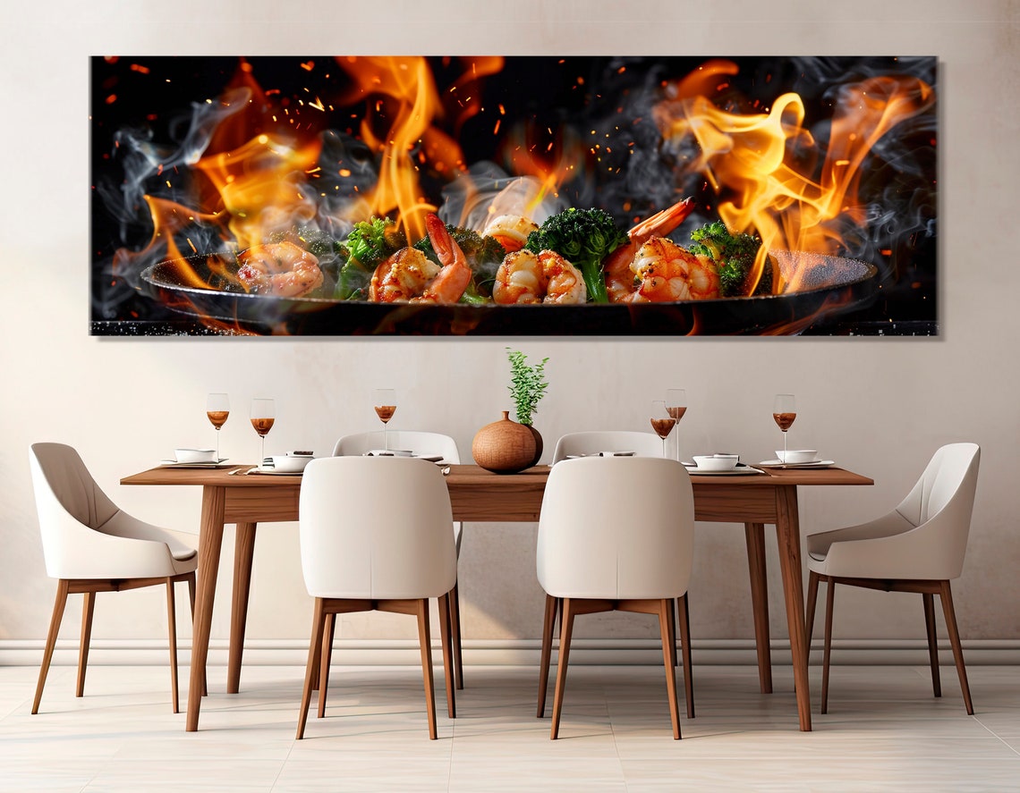 Flaming Wok Shrimp And Broccoli Stir Fry Dramatic Kitchen Wall Art