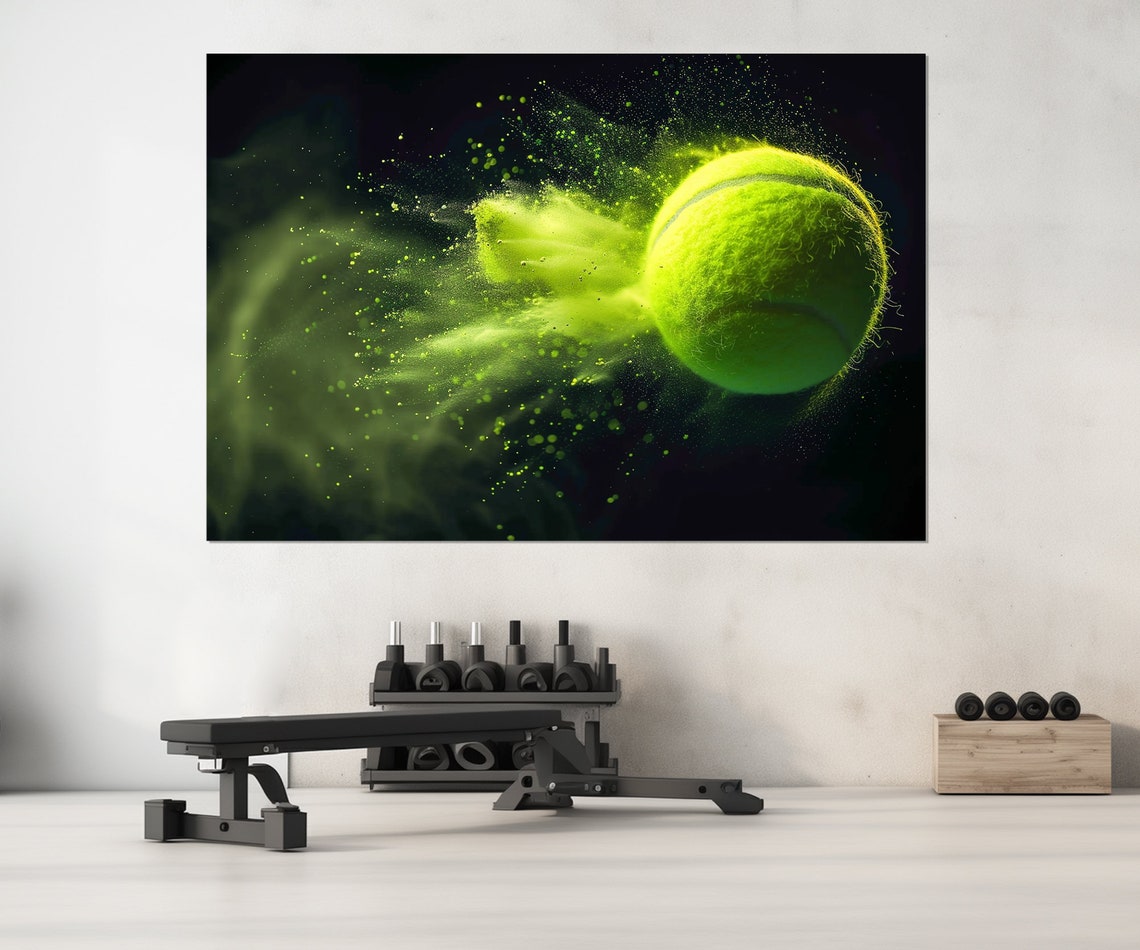 Neon Tennis Ball Exploding Green Powder Burst Dark Sports Wall Art - Image 3