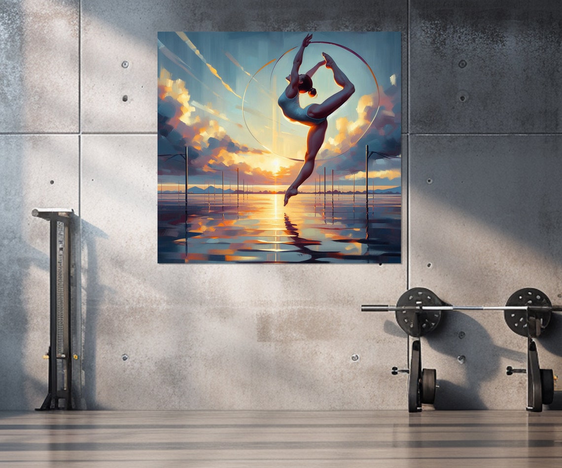 Gymnast Leaping Through Hoop Sunset Water Reflection Scene Poster - Image 2