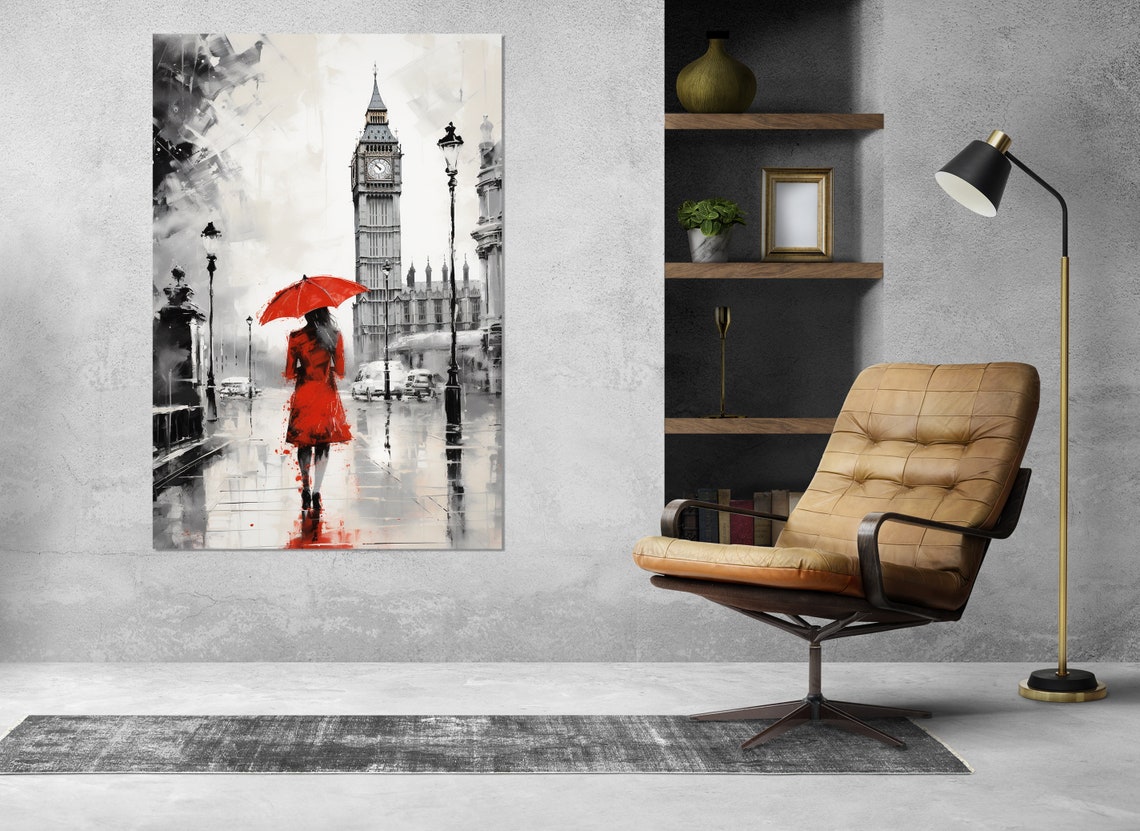 Scenic London Painting Print Woman In Red With Umbrella In London Wall Art Abstract London Poster Framed And Ready To Hang - Image 4
