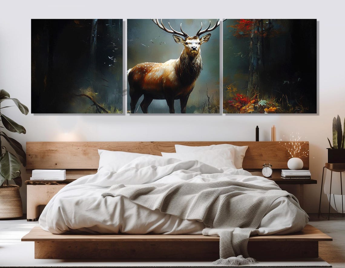 Majestic Stag Autumn Forest Painted Wildlife Panoramic Wall Poster - Image 4