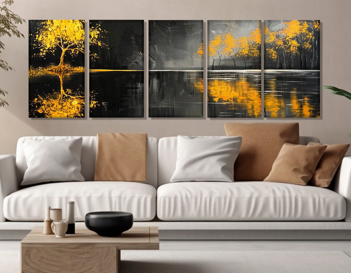 Golden Trees Black Background Abstract Gold Leaf Modern Wall Art - Image 3