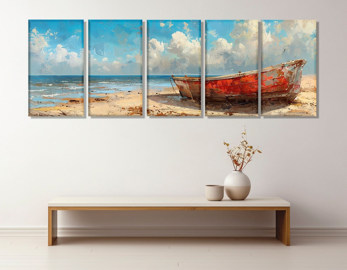 Weathered Red Boat On Sunny Sandy Beach Impressionist Poster - Image 2