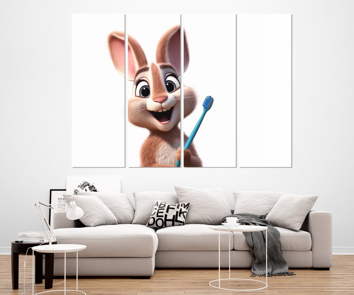 Cute Rabbit With Toothbrush Cartoon Smile Dental Office Kids Wall Poster - Image 2