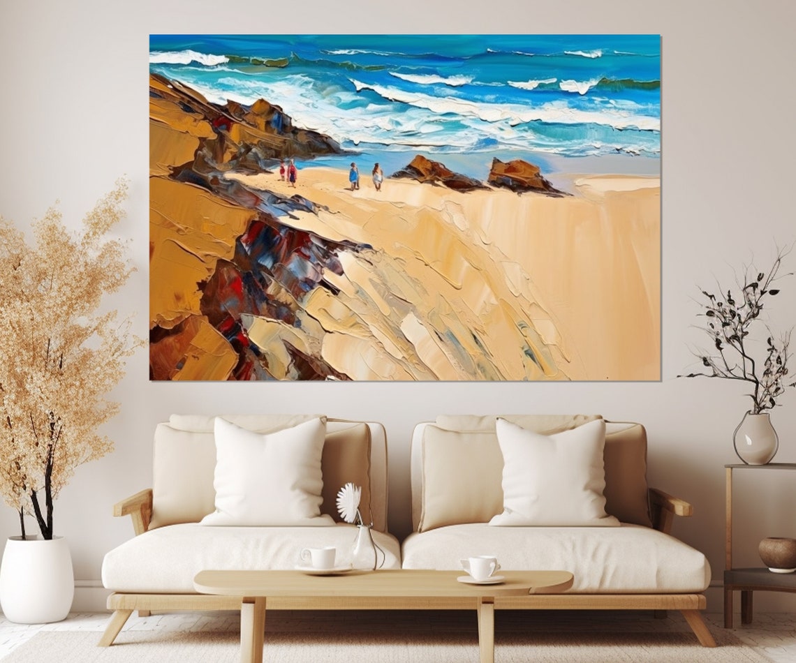 Golden Sandy Beach Turquoise Waves Rocky Cliffs Ocean Art Poster - Image 4