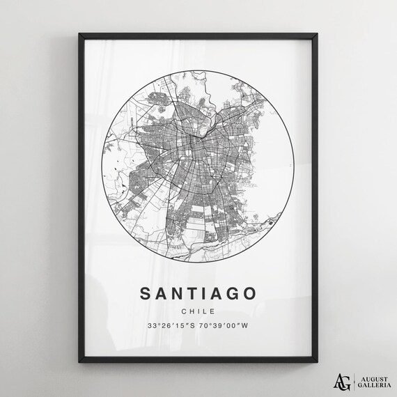 Santiago Chile Minimalist Black and White Circular Map Poster