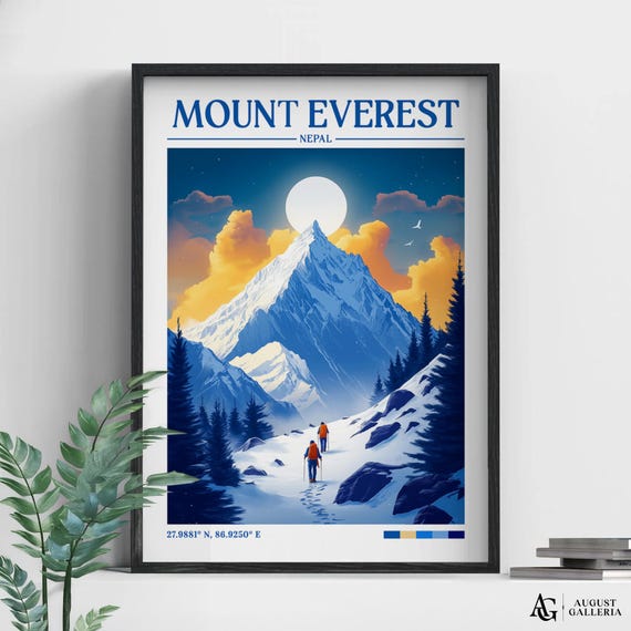 Mount Everest Retro Travel Print Wall Art Framed Canvas Illustration Poster Wanderlust