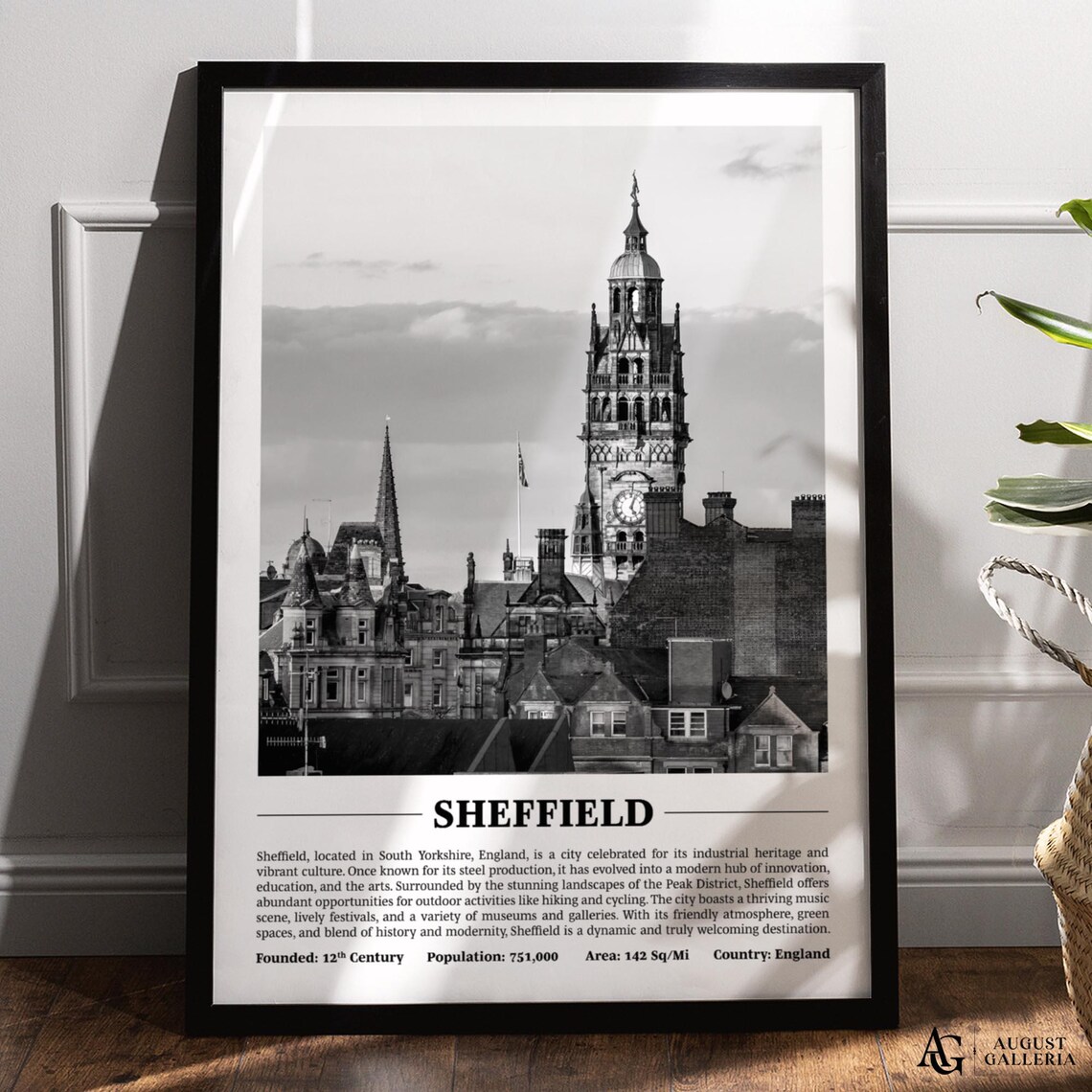 Sheffield England Town Hall Black White City Photography Poster