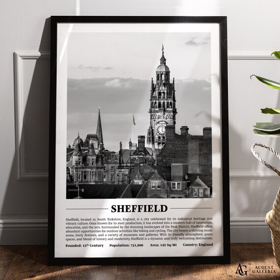 Sheffield England Town Hall Black White City Photography Poster