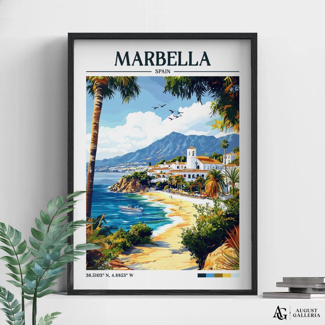 Marbella Spain Beach Palms Whitewashed Old Town Retro Poster