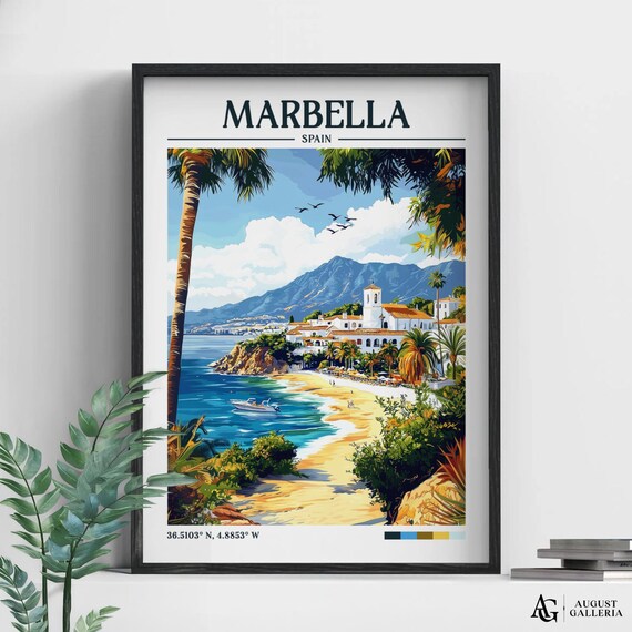 Marbella Spain Beach Palms Whitewashed Old Town Retro Poster