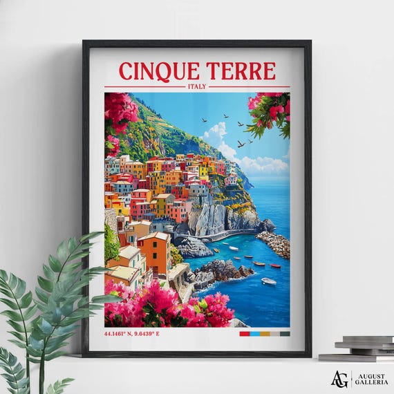 Cinque Terre Italy Retro Travel Print Wanderlust Posters Illustration Wall Art Framed Prints Canvas Poster