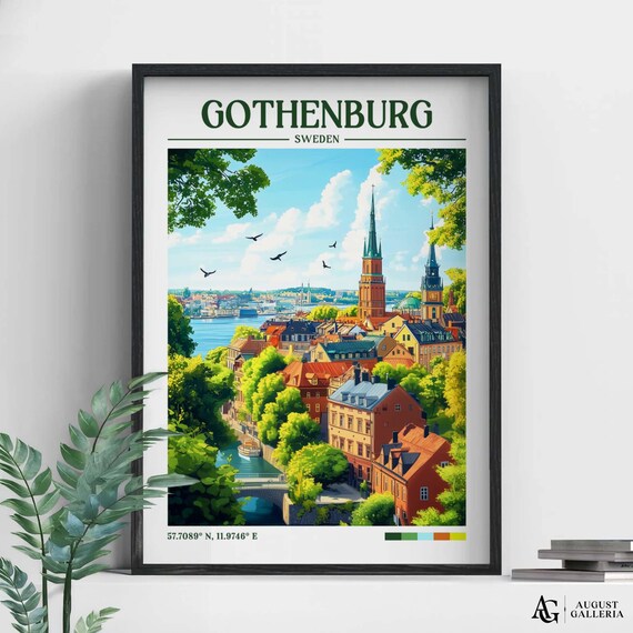 Gothenburg Sweden Retro Travel Harbor Cityscape Vintage Art Poster