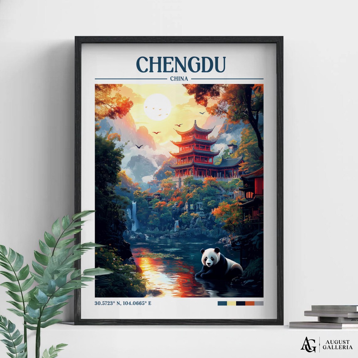 Chengdu China Red Pagoda and Giant Panda Retro Travel Poster Scene