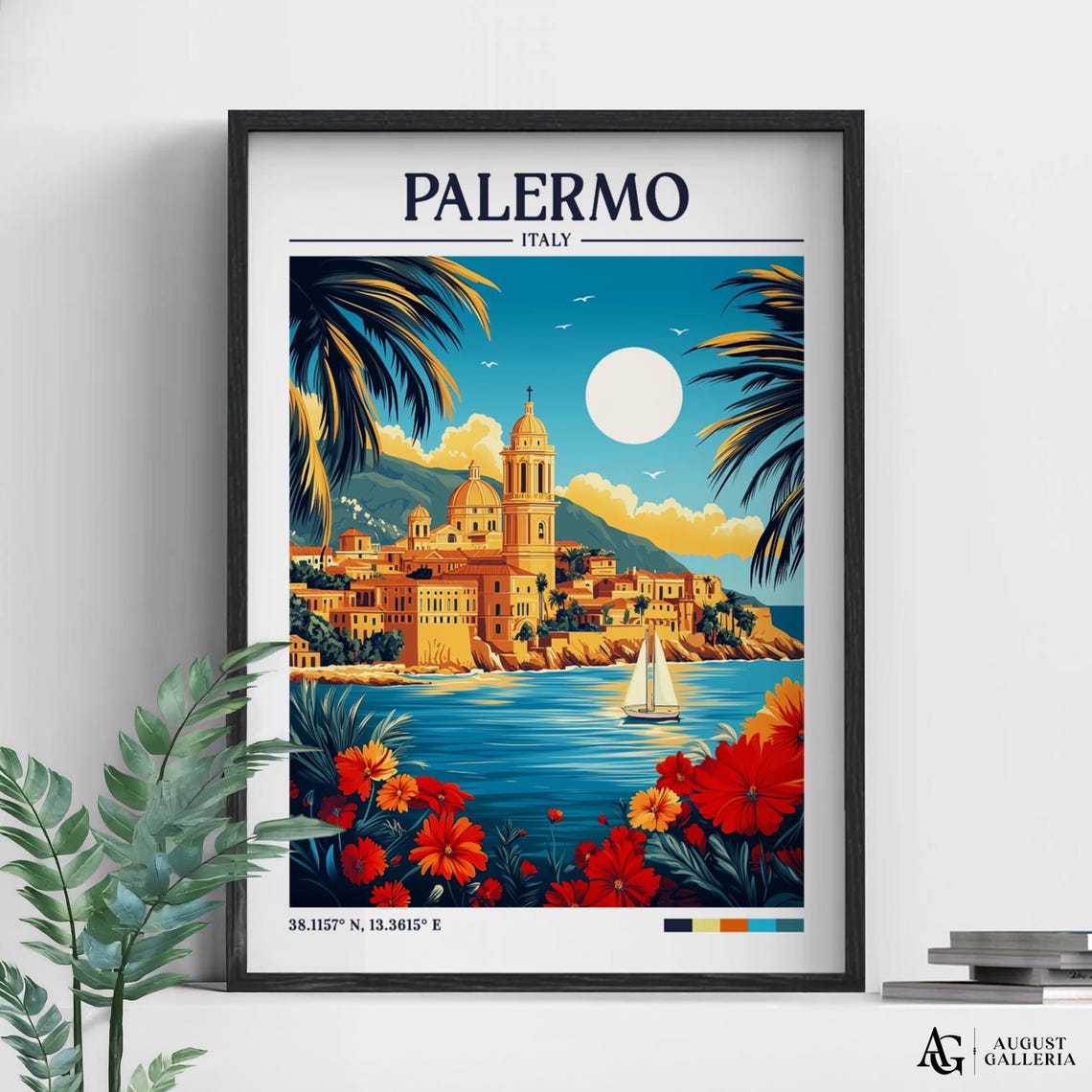 Palermo Italy Coastal Cathedral Retro Travel Poster Sailboat View