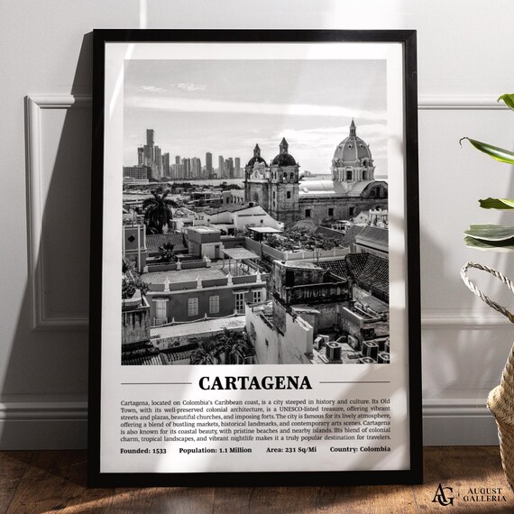 Cartagena Black And White Skyline Travel Poster Colombia Old Town