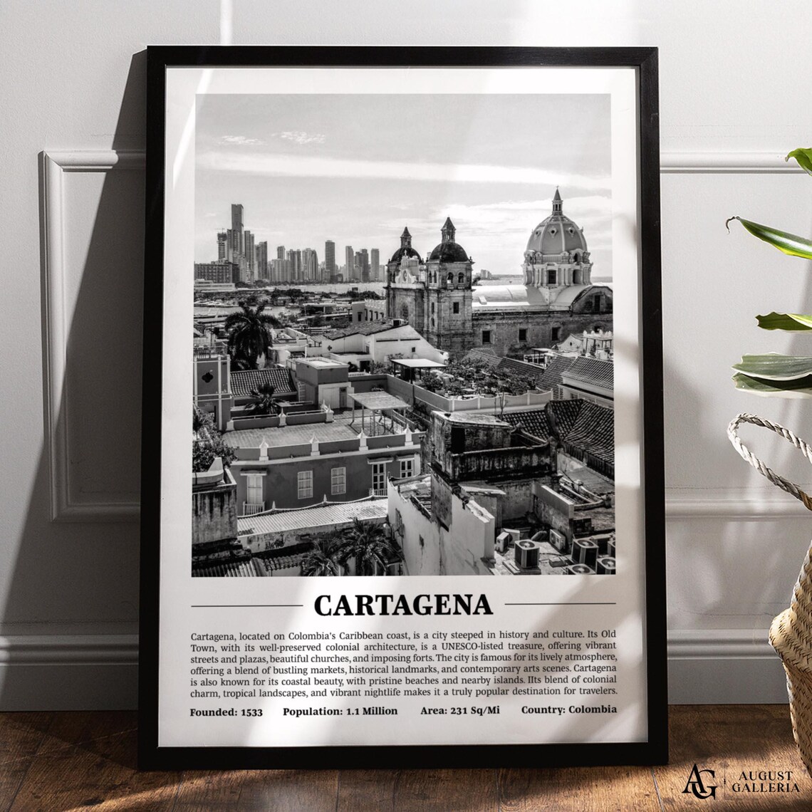 Cartagena Black And White Skyline Travel Poster Colombia Old Town