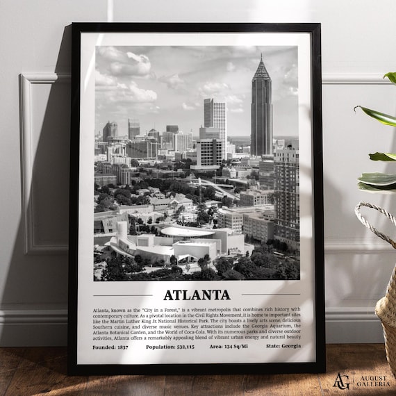 Atlanta Georgia Black And White Skyline City Print With Key Facts