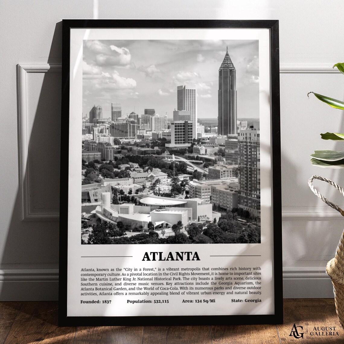 Atlanta Georgia Black And White Skyline City Print With Key Facts