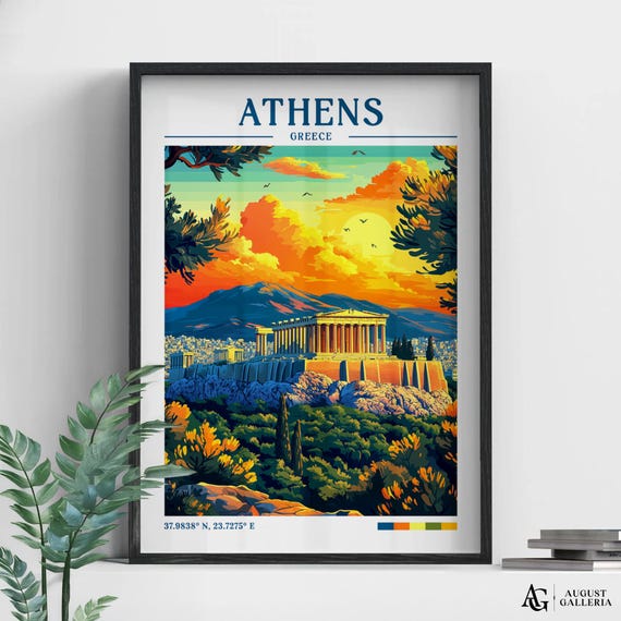 Athens Greece Retro Travel Print Wanderlust Posters Wall Art Framed Prints Canvas Poster