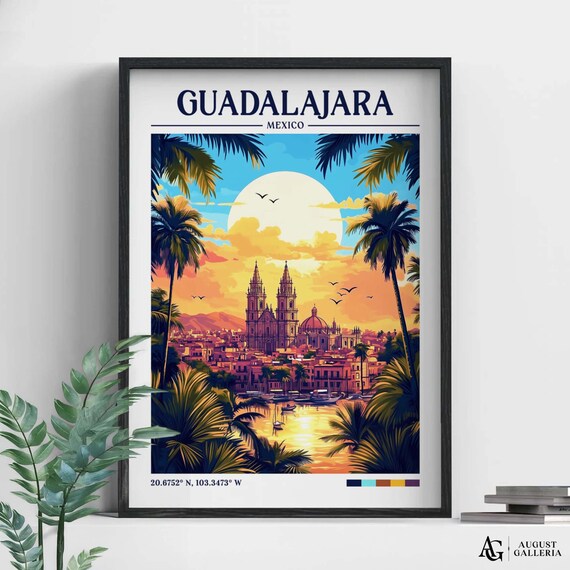 Guadalajara Mexico Cathedral Sunset Retro Travel Landmark Poster