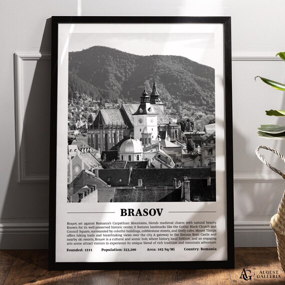 Brasov Black Church and Carpathian Mountains Black White City Poster