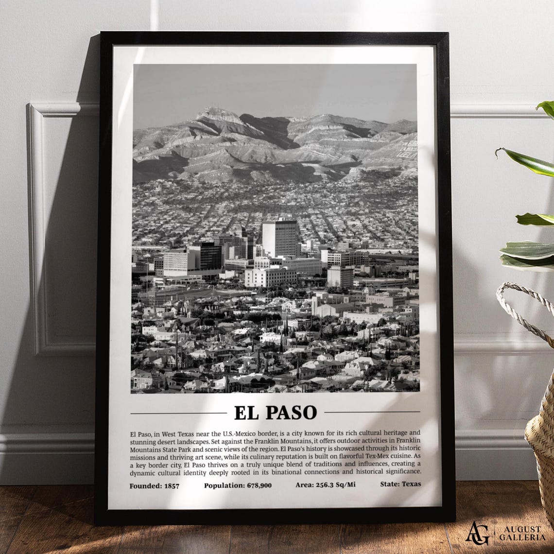 El Paso Franklin Mountains Black White Texas City Skyline Poster