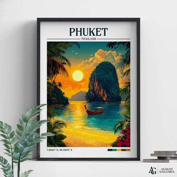 Phuket Thailand Retro Travel Print Wall Art Framed Canvas Poster Illustration Wanderlust