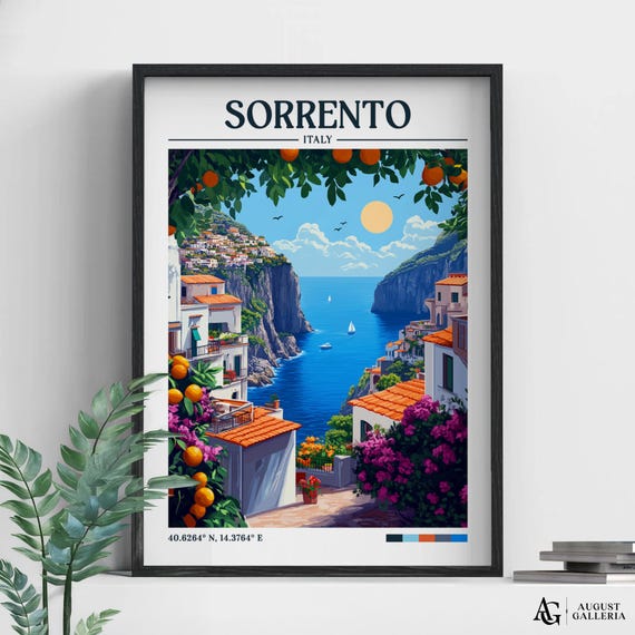 Sorrento Italy Retro Travel Print Wall Art Framed Canvas Poster Illustration Wanderlust