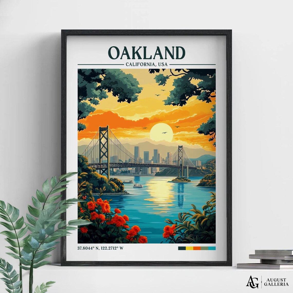 Oakland California Bay Bridge Golden Sunset Skyline Travel Poster