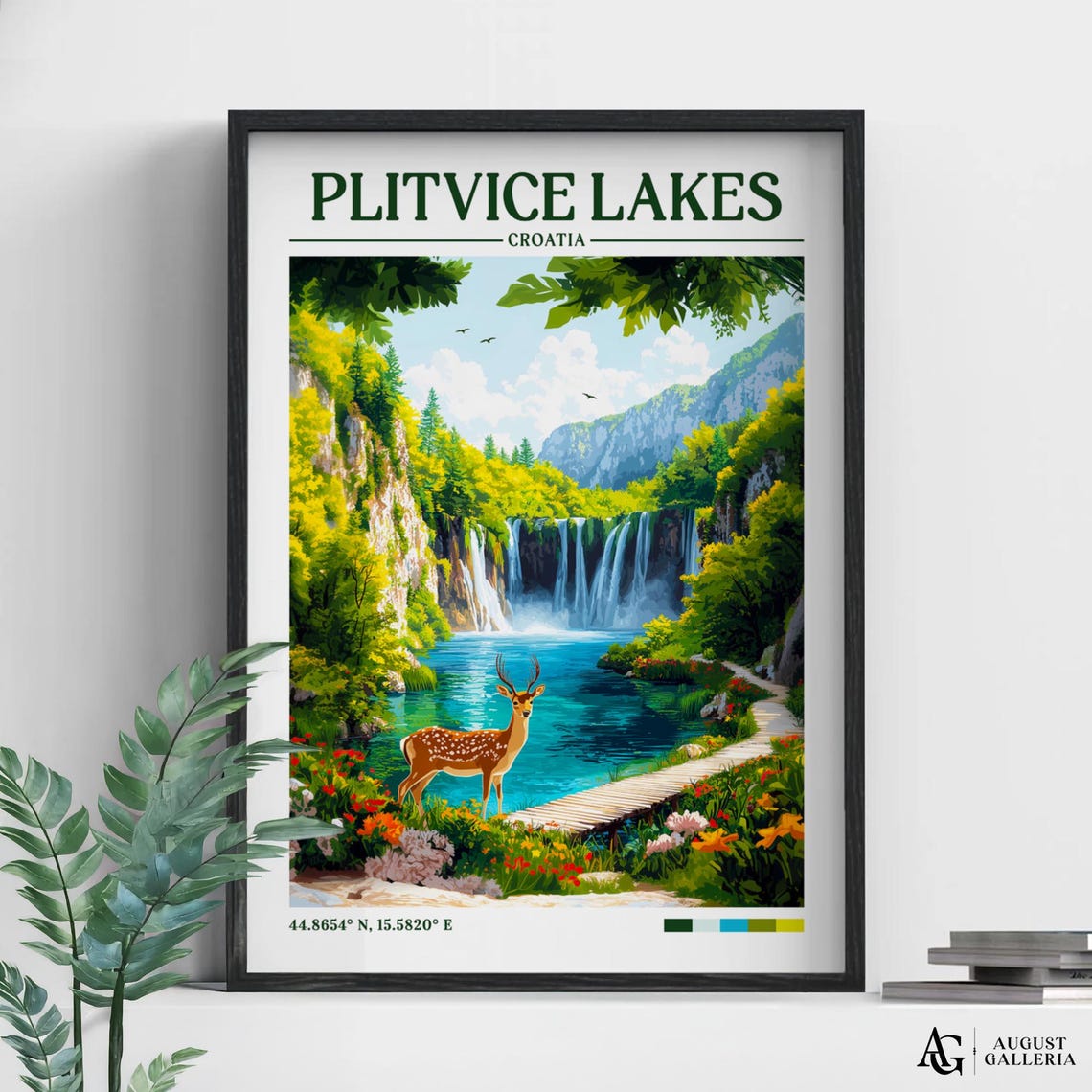 Plitvice Lakes Retro Travel Print Wall Art Framed Canvas Poster Illustration Wanderlust
