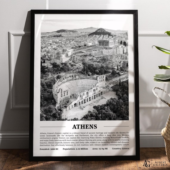 Athens Greece Black And White Skyline City Print With Key Facts